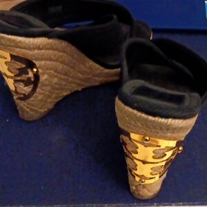 Tory Burch Stylish Black and Gold Wedge Sandals